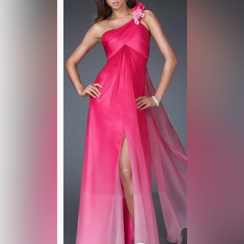 La Femme Hot Pink One-Shoulder Prom Dress with Side Slit